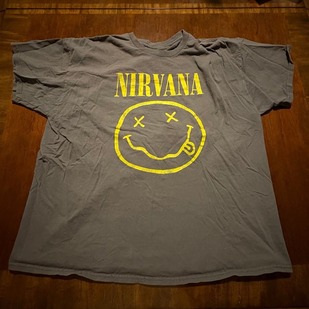 Nirvana Smiley Face Graphic T-Shirt - Charcoal Grey - Size 2XL